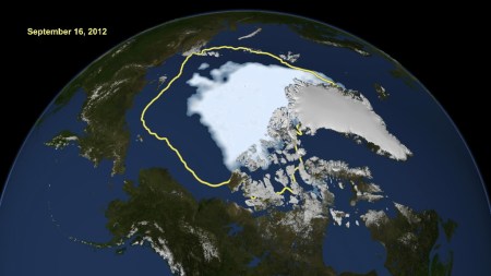 NASA handout image shows the new record low Arctic sea ice extent