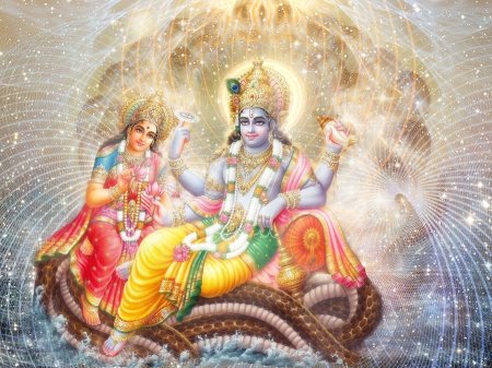 Lord Vishnu and Goddess Lakshmi broadcasting pure magic from their ship of serpents.